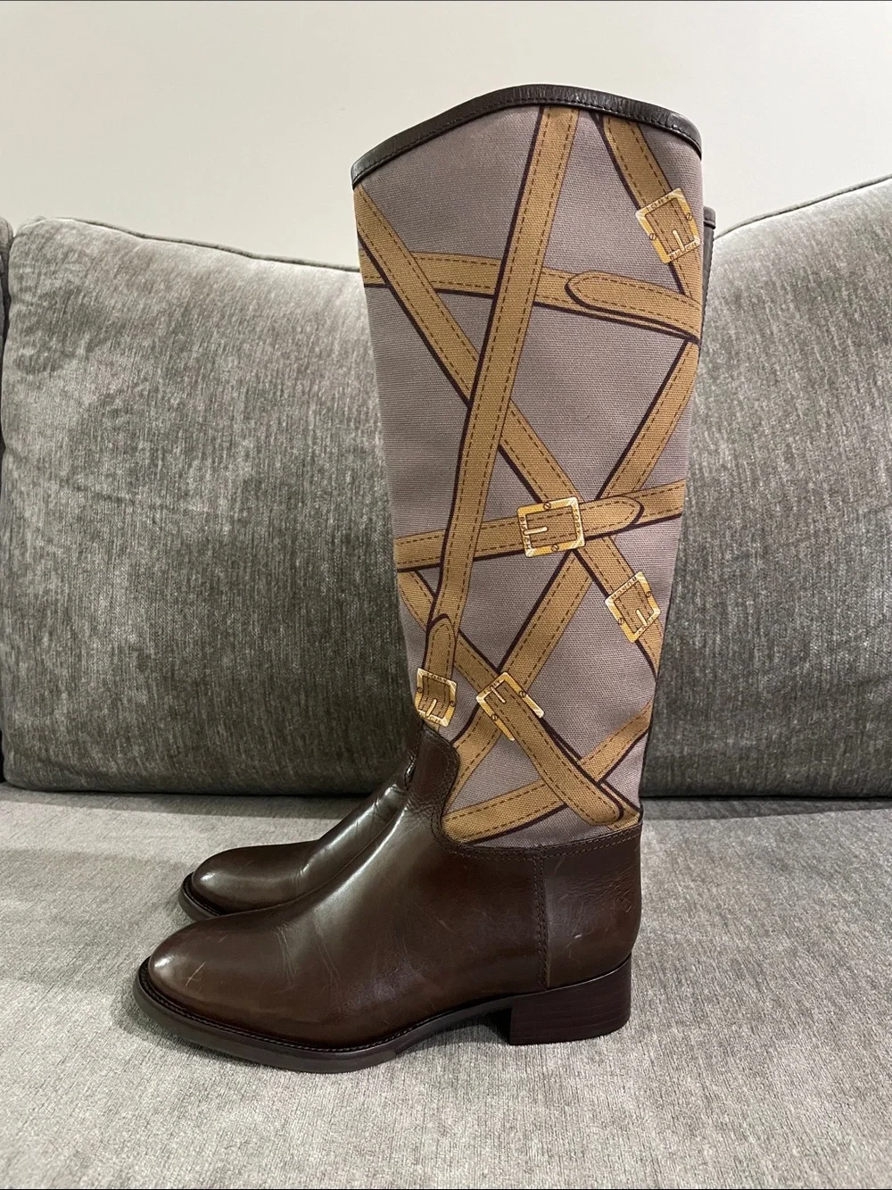Tory Burch FELIX Riding Boots Brown Leather Equestrian Print Fabric Zip Size 5